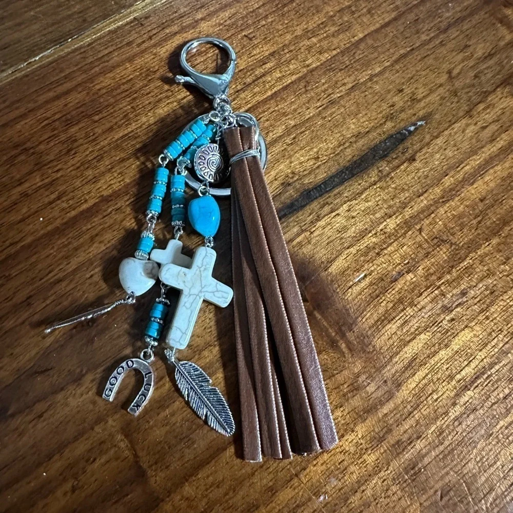 Brown and Turquoise Beaded Key Holder or Bag Charm